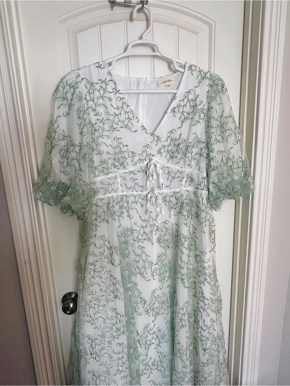One Loved Babe Embroidered Sheer Overlay Dress in Sage Green